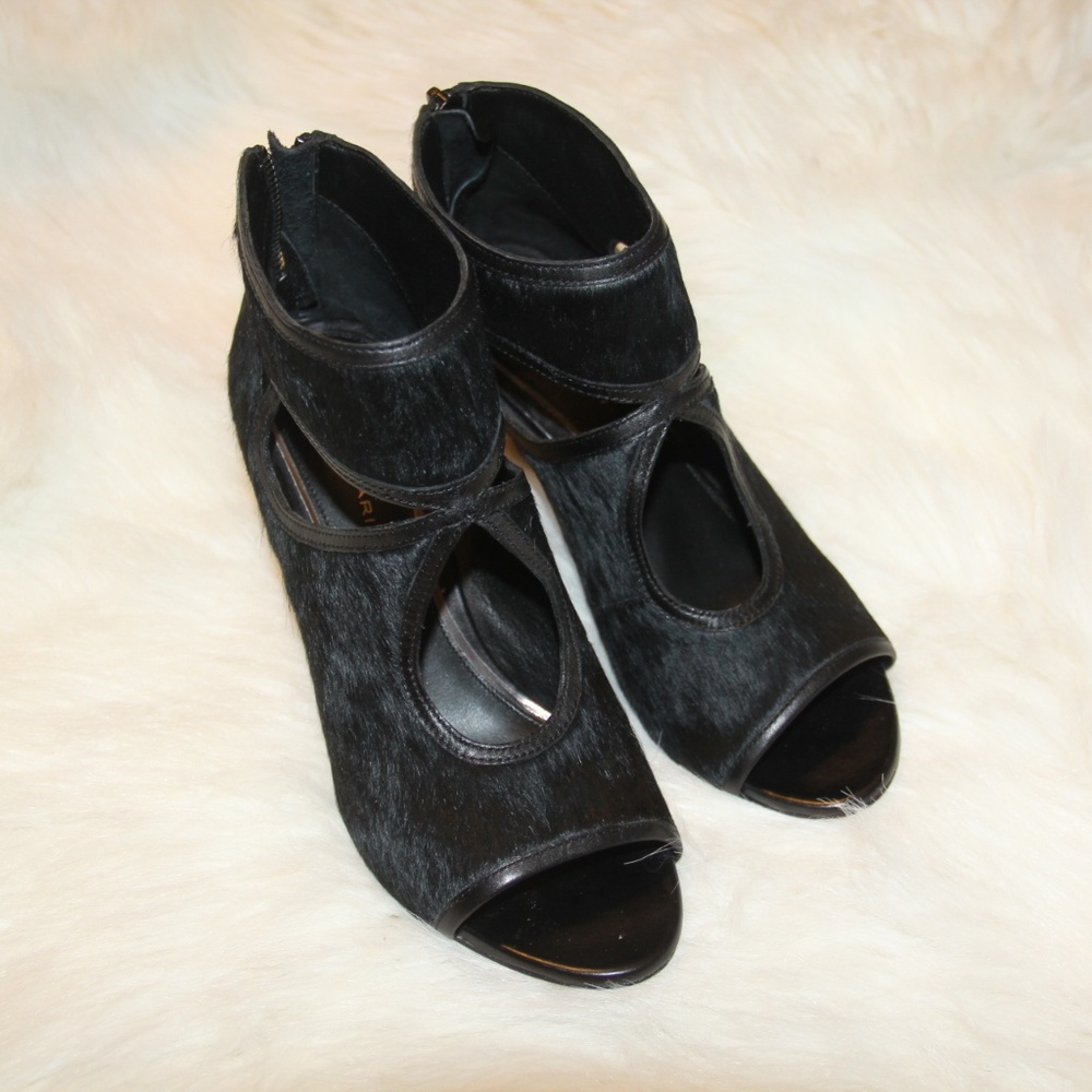 Elie Tahari Black Cow Hair Peep Toe Booties 7.5